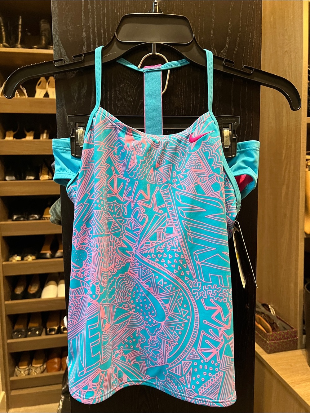 NWT Nike Girls Blue & Pink Patterned Racerback Tankini Size Med